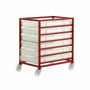 Mobile tray rack 890mmH with 6 plastic containers Euro Container Trolley | Picking Containers | Production Trolley 506CT306 