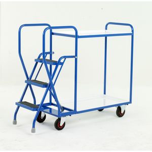 2 Tier with Removable Shelves & 3 tread 175Kg cap. Trolley Order Picking | Warehouse Picking Trolley | Fulfillment Trolley | Trollies with Steps 511S194 