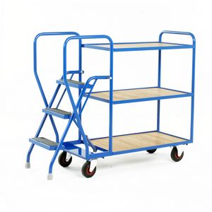 3 Tier Trolley - Plywood Shelves & 3 tread steps 175Kg Trolley Order Picking | Warehouse Picking Trolley | Fulfillment Trolley | Trollies with Steps 511S192 
