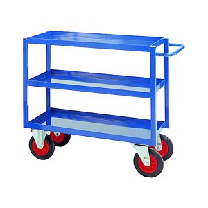 3 tier steel tray trolley 1090mmL x 500mmW x 1200mm Multi-tiered trolleys 2 tier tea trolley units & 3 tier trucks with shelves trays or baskets 507TT35 Blue, Red