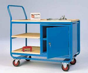 Workshop trolley with cupboard, 3 plywood shelves Workshop Trolleys | Trolley Maintenance Workshops | Tool Storage Trolleys 501TT162 Blue, Red