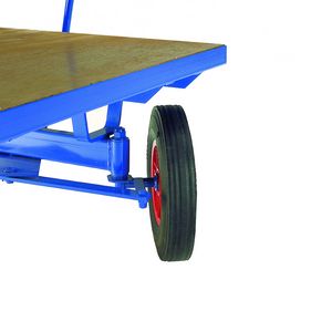 Turns in a small radius all wheel steer Deck 2000mm x 1000mm with deck height of 720mm (575 with solid wheels). Fully welded steel chasis with flat bed flush ply decks and 35mm tow eye. Rear hitch and pin.  3000kg Capacity. Pneumatic and solid wheels... Ackerman 4 wheel steer tug trailers small tight turning circle for forklifts and tow tractors