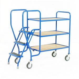3 Tier Trolley - Plywood Shelves & 3 tread steps 125Kg Trolley Order Picking | Warehouse Picking Trolley | Fulfillment Trolley | Trollies with Steps 511S183 