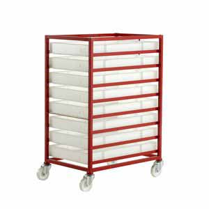 Mobile tray rack 1120mmH with 8 plastic containers Euro Container Trolley | Picking Containers | Production Trolley 506CT308 