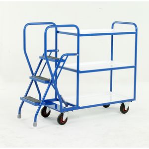 3 Tier Trolley - Removable Shelves & 3 tread 175Kg cap. Trolley Order Picking | Warehouse Picking Trolley | Fulfillment Trolley | Trollies with Steps 511S195 